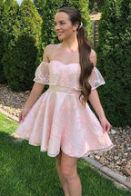 Vestidos cortos de fiesta de encaje rosa con hombros descubiertos, vestidos de graduación para baile de bienvenida PD452