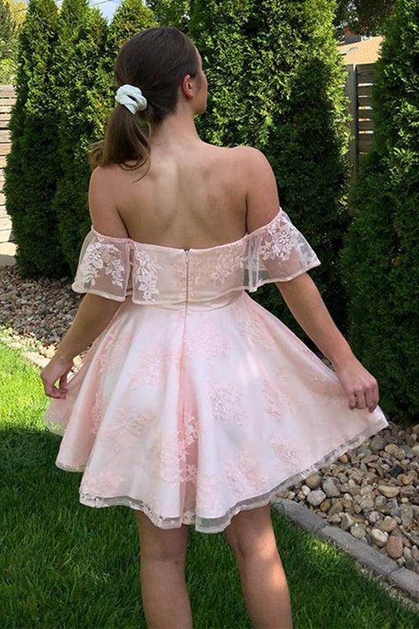Vestidos cortos de fiesta de encaje rosa con hombros descubiertos, vestidos de graduación para baile de bienvenida PD452
