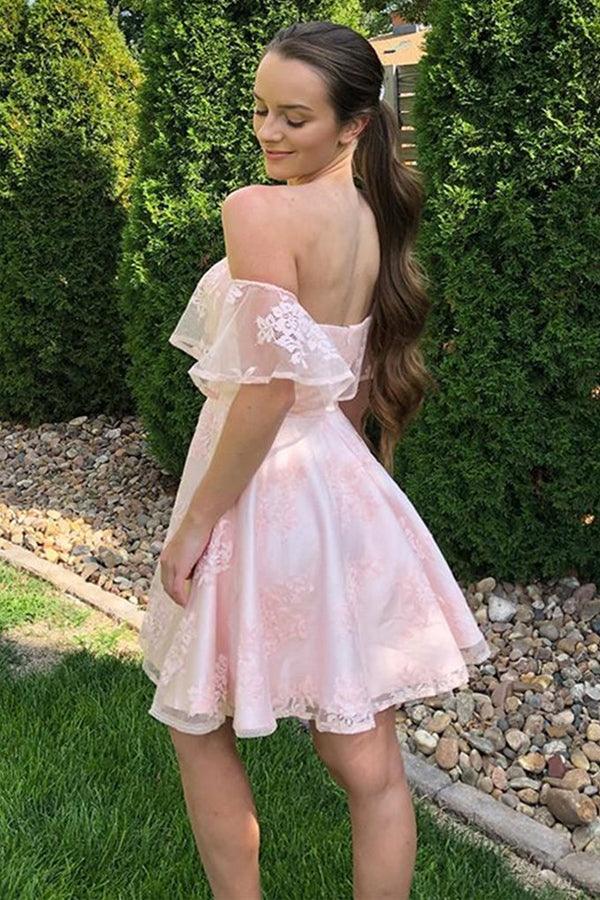 Vestidos cortos de fiesta de encaje rosa con hombros descubiertos, vestidos de graduación para baile de bienvenida PD452