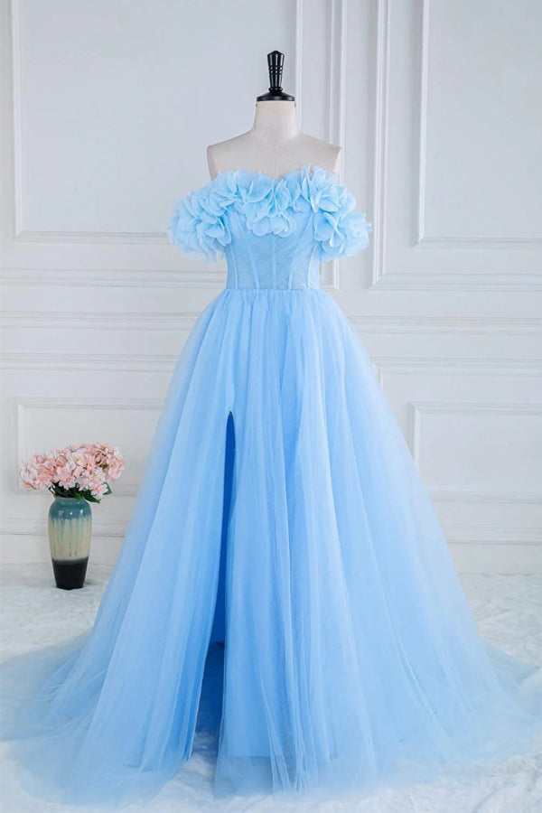 Robe de bal bleue en tulle à épaules dénudées et sans bretelles, ornée de fleurs et de fleurs, coupe trapèze