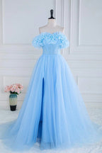 Robe de bal bleue en tulle à épaules dénudées et sans bretelles, ornée de fleurs et de fleurs, coupe trapèze