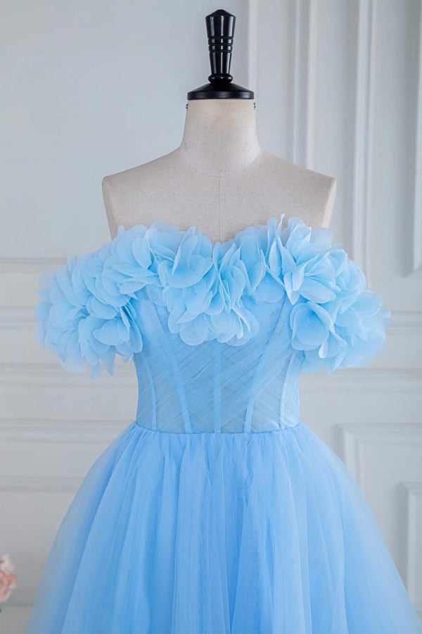 Robe de bal bleue en tulle à épaules dénudées et sans bretelles, ornée de fleurs et de fleurs, coupe trapèze