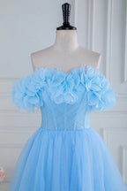 Robe de bal bleue en tulle à épaules dénudées et sans bretelles, ornée de fleurs et de fleurs, coupe trapèze