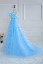 Robe de bal bleue en tulle à épaules dénudées et sans bretelles, ornée de fleurs et de fleurs, coupe trapèze