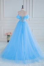 Robe de bal bleue en tulle à épaules dénudées et sans bretelles, ornée de fleurs et de fleurs, coupe trapèze