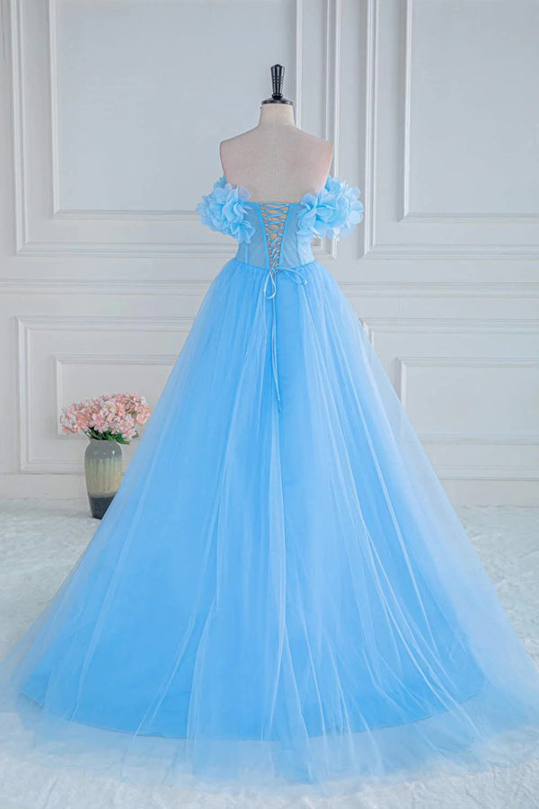 Robe de bal bleue en tulle à épaules dénudées et sans bretelles, ornée de fleurs et de fleurs, coupe trapèze