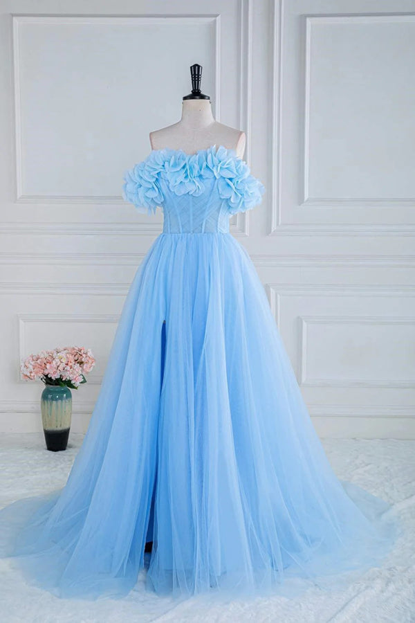 Robe de bal bleue en tulle à épaules dénudées et sans bretelles, ornée de fleurs et de fleurs, coupe trapèze