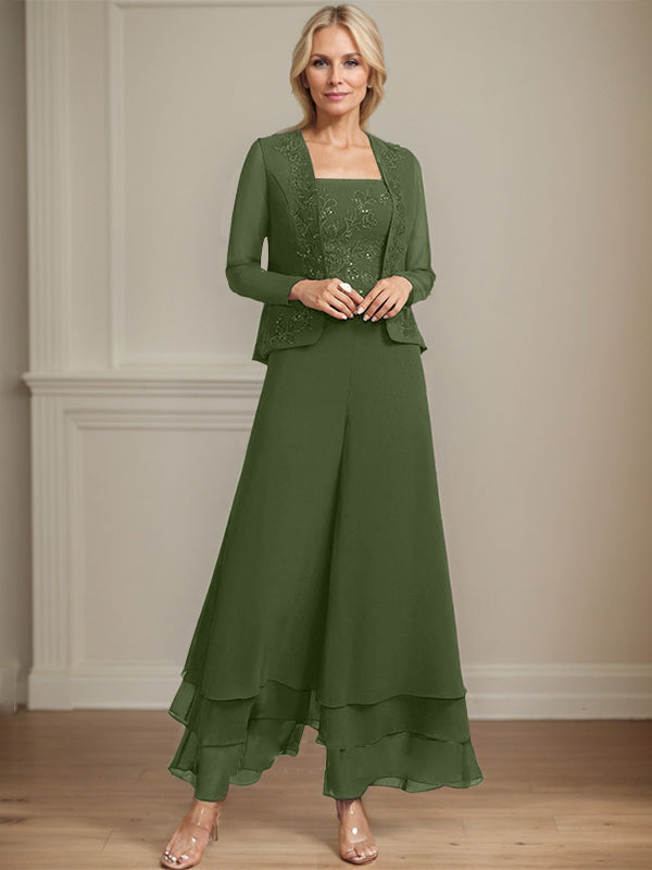 Conjunto de pantalón y chaqueta de dos piezas, corte cuadrado, largo hasta el tobillo, encaje, gasa, vestido de madre de la novia con lentejuelas 