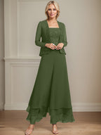 Conjunto de pantalón y chaqueta de dos piezas, corte cuadrado, largo hasta el tobillo, encaje, gasa, vestido de madre de la novia con lentejuelas 