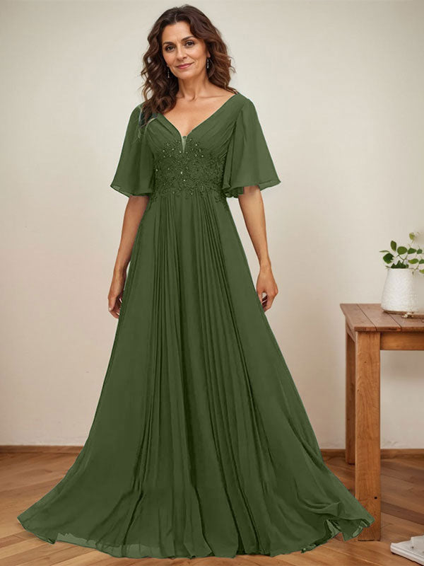Vestido de corte A, escote en V, largo hasta el suelo, de gasa, para la madre de la novia, con apliques de lentejuelas y encaje plisado. 
