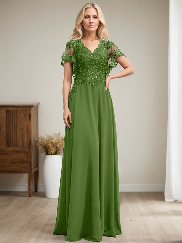 Vestido de novia de corte A, escote en V, largo hasta el suelo, de gasa de encaje con lentejuelas para la madre de la novia 