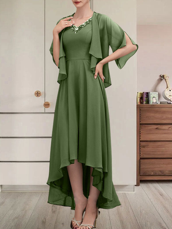 Vestido de corte A, escote en V, asimétrico, de gasa, para la madre de la novia, con lentejuelas y pedrería.