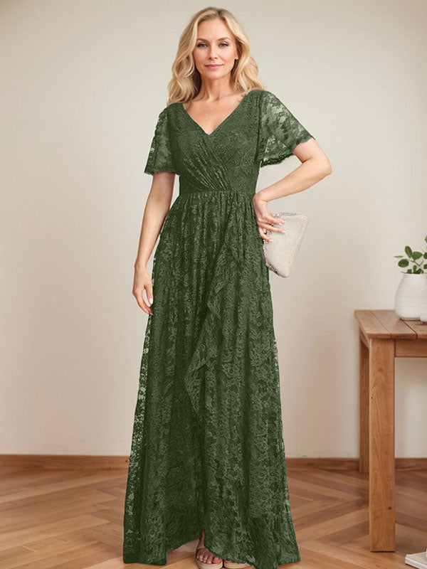 Robe de mère de la mariée asymétrique en dentelle, coupe trapèze, col en V et volants cascade 