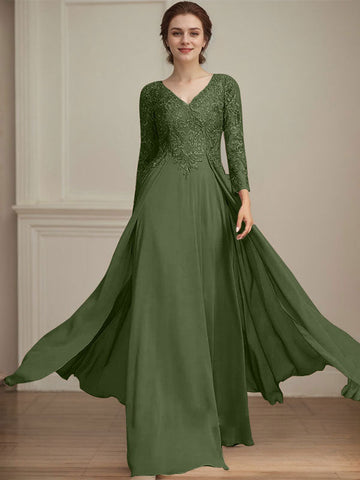 A-line V-Neck Floor-Length Lace Chiffon Mother of the Bride Dress With Sequins