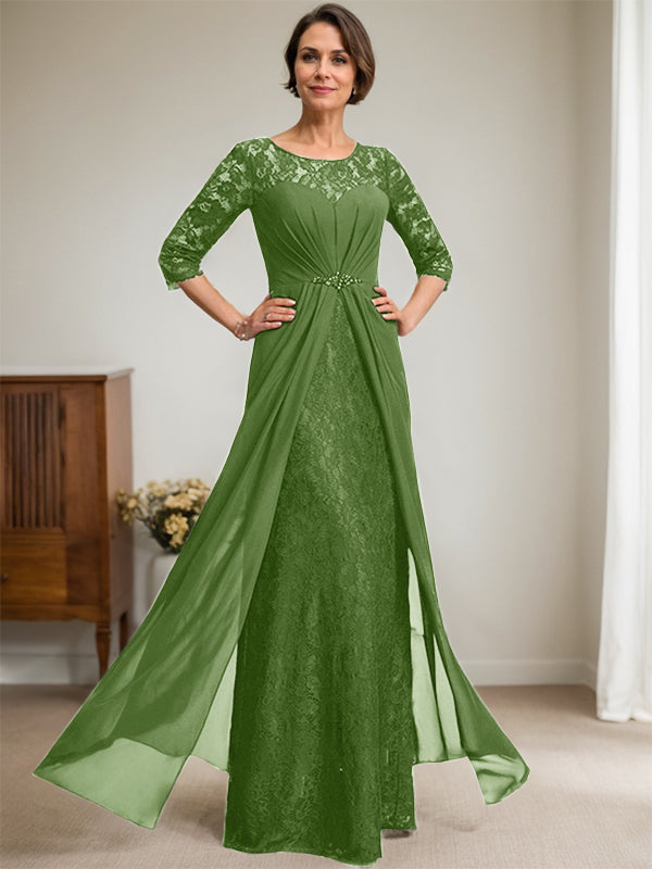 Vestido de novia de corte línea A, escote redondo ilusión, largo hasta el suelo, de gasa de encaje con volantes y pedrería. 