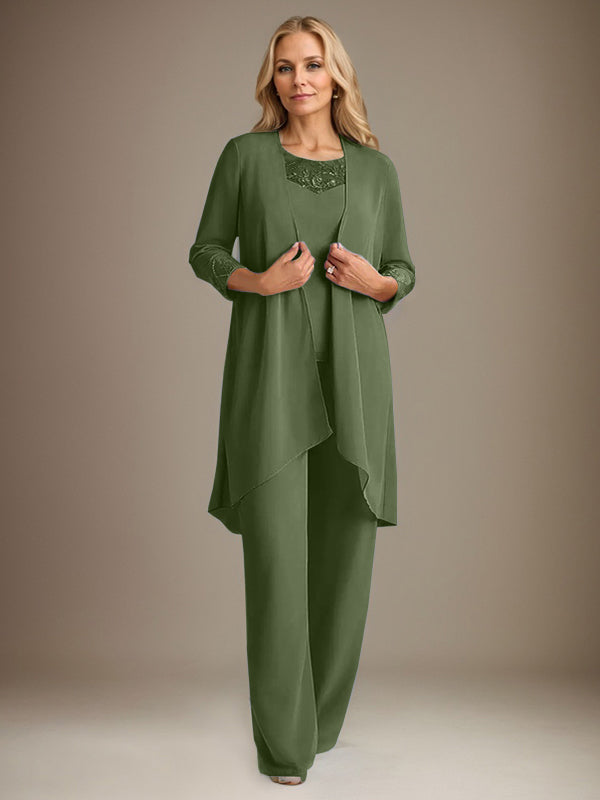 Tailleur-pantalon en mousseline à manches longues et col rond pour la mère de la mariée, avec veste 