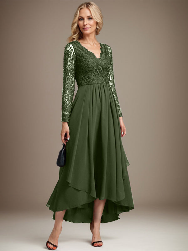 Vestido de novia de gasa con encaje asimétrico, escote en V y corte en A para la madre de la novia 
