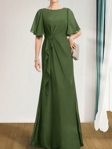 A-line Scoop Floor-Length Chiffon Mother of the Bride Dress With Cascading Ruffles Beading Sequins