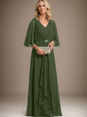 A-line V-Neck Floor-Length Chiffon Mother of the Bride Dress With Cascading Ruffles Crystal Brooch