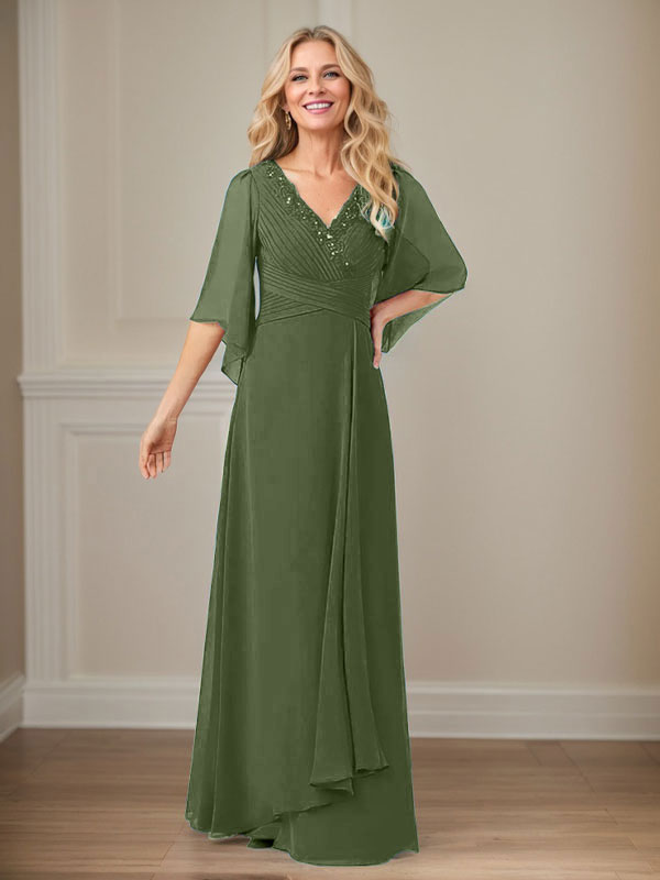 Vestido de mamá largo de gasa con lentejuelas, escote en V y corte en A