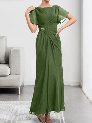 A-line Scoop Ankle-Length Chiffon Mother of the Bride Dress With Beading Pleated