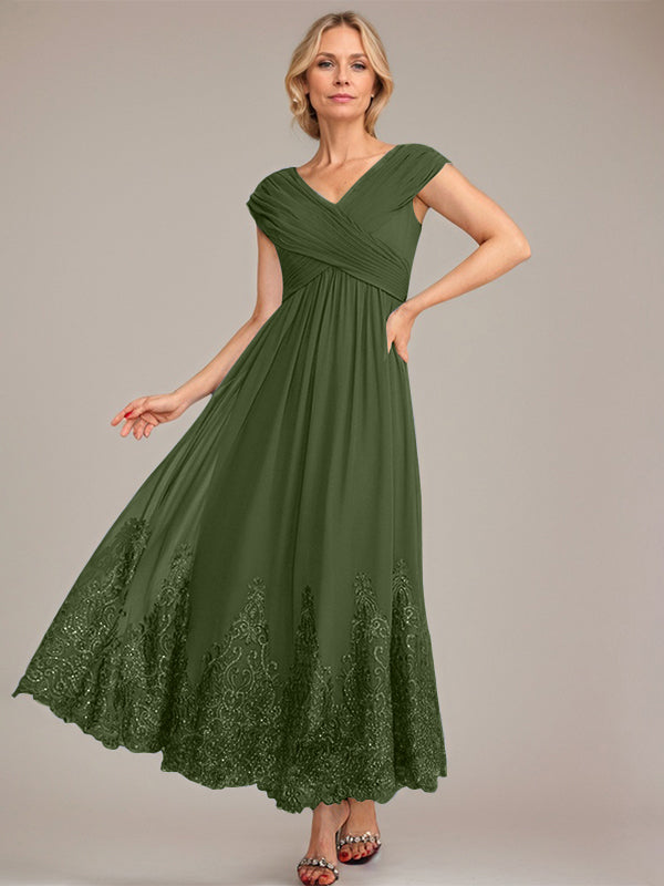 Vestido de gasa de corte evasé, escote en V, largo hasta el tobillo, para la madre de la novia, con apliques de lentejuelas. 