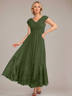 Vestido de gasa de corte evasé, escote en V, largo hasta el tobillo, para la madre de la novia, con apliques de lentejuelas. 
