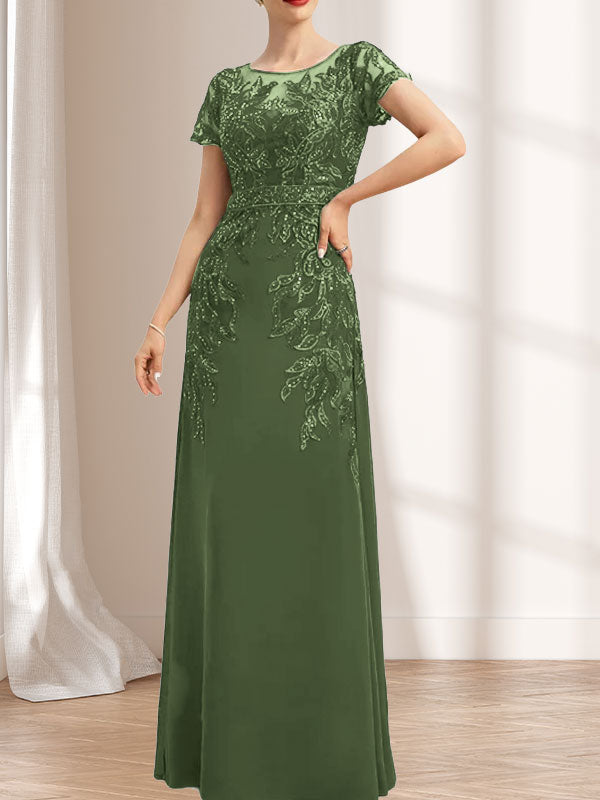 Robe de mère de la mariée en mousseline de dentelle, coupe fourreau/colonne, décolleté illusion, longueur au sol, ornée de sequins