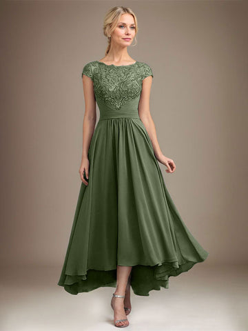 A-line Scoop Illusion Asymmetrical Lace Chiffon Mother of the Bride Dress With Pleated