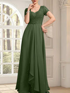 Vestido de corte A, escote corazón, largo hasta el suelo, de gasa, encaje, con cuentas y volantes en cascada para la madre de la novia.
