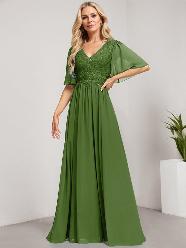 Vestido de novia de corte A, escote en V, largo hasta el suelo, de gasa de encaje con lentejuelas para la madre de la novia 