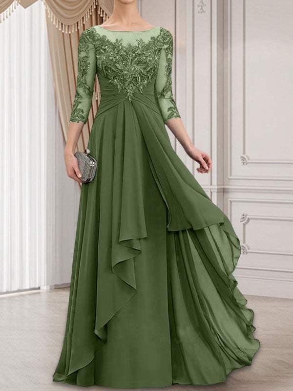 Robe de mariée en mousseline de dentelle, coupe trapèze, décolleté illusion, longueur au sol, avec volants cascade, idéale pour la mère de la mariée.