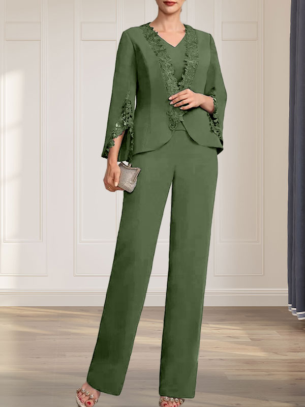 Combinaison/Tailleur-pantalon deux pièces, robe longue en mousseline à col V pour la mère de la mariée