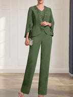Combinaison/Tailleur-pantalon deux pièces, robe longue en mousseline à col V pour la mère de la mariée