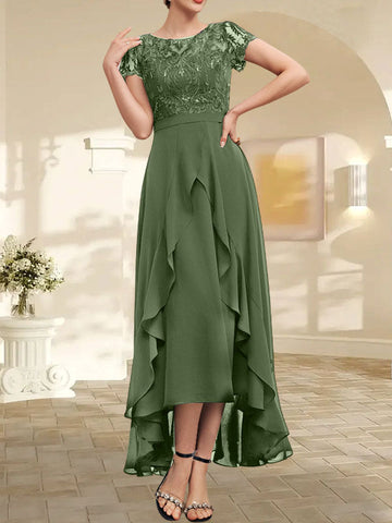 A-line Scoop Illusion Asymmetrical Chiffon Lace Mother of the Bride Dress With Bow Ruffle Sequins