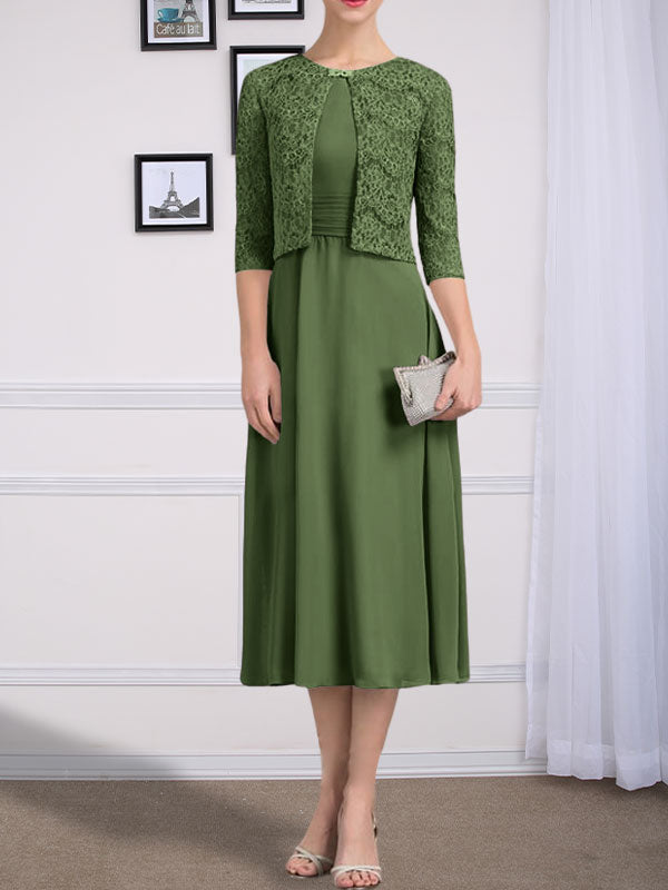 Vestido de chifón de corte línea A, largo té, para la madre de la novia, con escote redondo y pliegues.