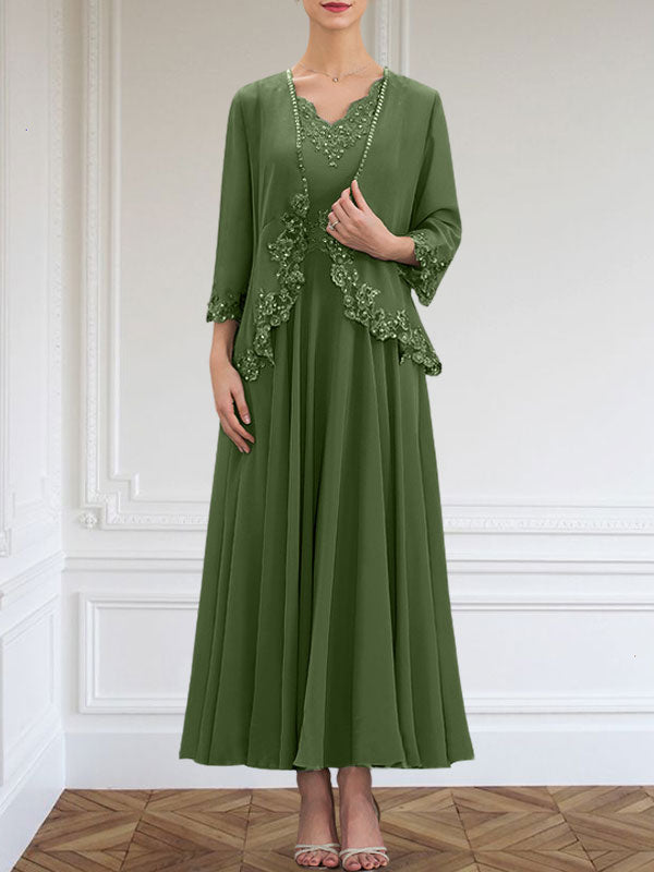 Vestido de corte A, escote en V, largo hasta el tobillo, de gasa, para la madre de la novia, con apliques de lentejuelas, encaje y pedrería.