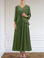 Vestido de corte A, escote en V, largo hasta el tobillo, de gasa, para la madre de la novia, con apliques de lentejuelas, encaje y pedrería.