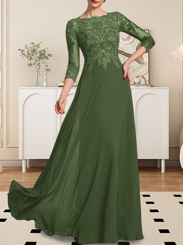 Vestido de novia de corte línea A, escote redondo, largo hasta el suelo, de encaje y gasa con lentejuelas.