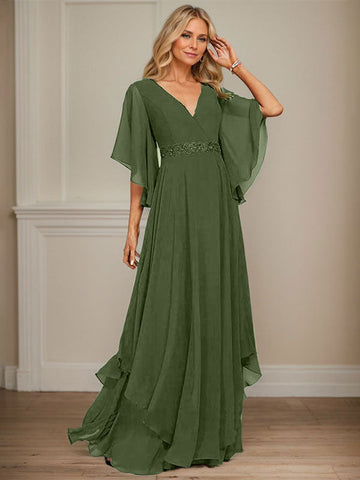 Vestido de corte A, escote en V, largo hasta el suelo, de gasa, para la madre de la novia, con apliques de lentejuelas, encaje y pedrería. 