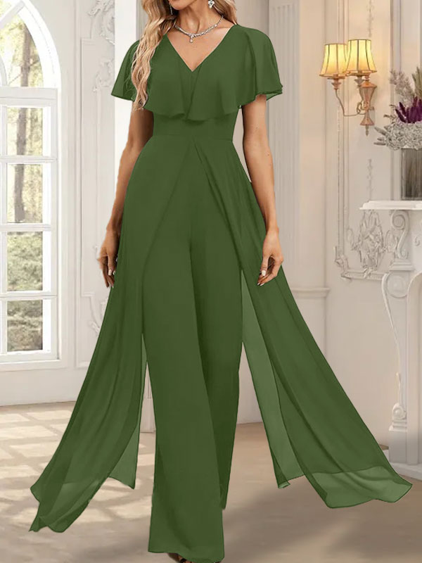 Combinaison-pantalon robe de soirée longue en mousseline à col en V