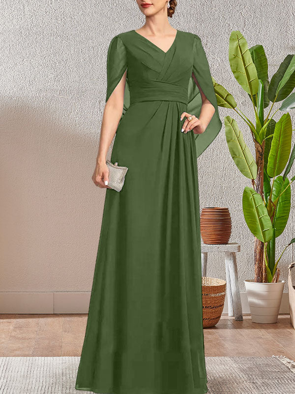 Vestido largo azul marino oscuro de corte A con escote en V para la madre de la novia