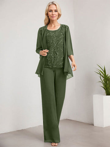 Separates Jumpsuit/Pantsuit Scoop Floor-Length Lace Chiffon Mother of the Bride Dress With Sequins