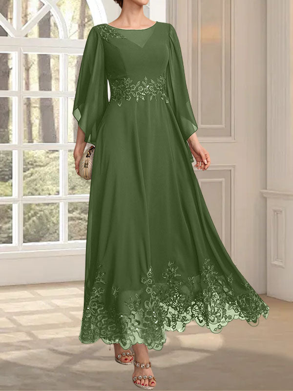 Robe de mère de la mariée en mousseline de dentelle, coupe trapèze, décolleté illusion, longueur cheville, ornée de sequins 