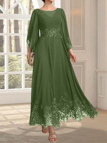 A-line Scoop Illusion Ankle-Length Lace Chiffon Mother of the Bride Dress With Sequins