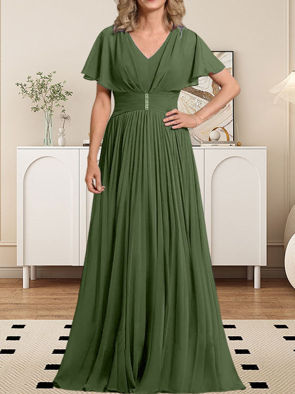 Vestido de gasa de corte A, escote en V, largo hasta el suelo, para la madre de la novia, con broche de cristal y pliegues. 