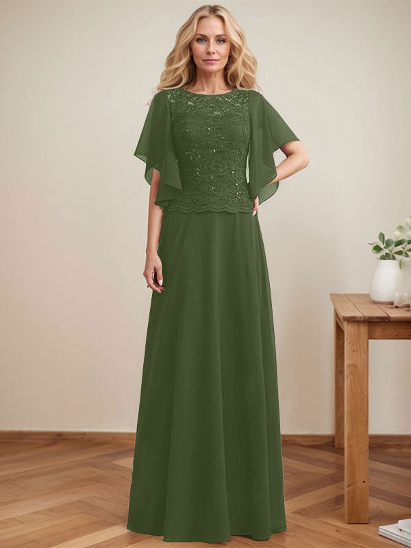 Vestido de novia de corte A, escote redondo, ilusión, largo hasta el suelo, de encaje y gasa con lentejuelas. 