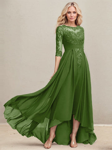 A-line Scoop Illusion Asymmetrical Lace Chiffon Mother of the Bride Dress With Pleated Sequins