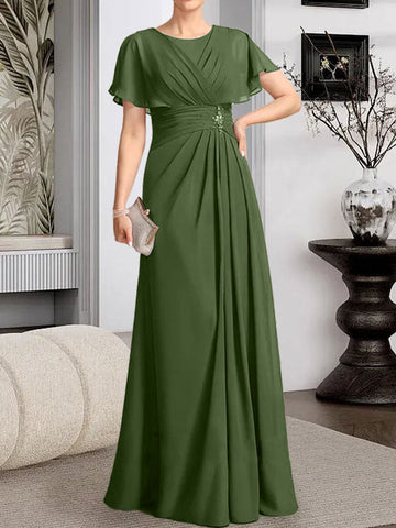 A-line Scoop Floor-Length Chiffon Mother of the Bride Dress With Pleated Beading