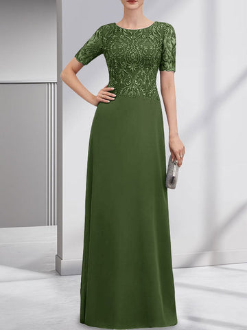 A-line Scoop Floor-Length Lace Chiffon Mother of the Bride Dress With Sequins